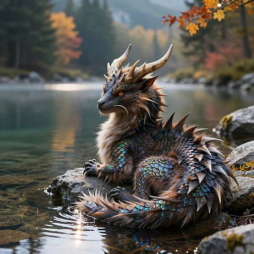 Photograph of a detailed, dragon-like creature with iridescent scales, horns, and fur, sitting by a calm lake surrounded by autumn foliage and