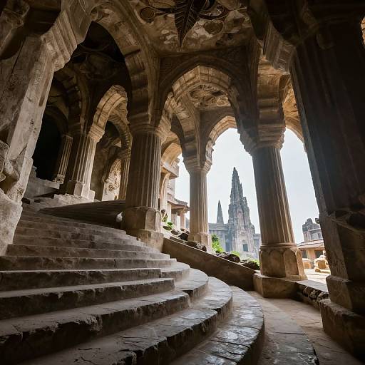 Photograph of a dimly lit, ancient stone archway with curved stairs, leading outside to a bright sky and Gothic spire in the distance.