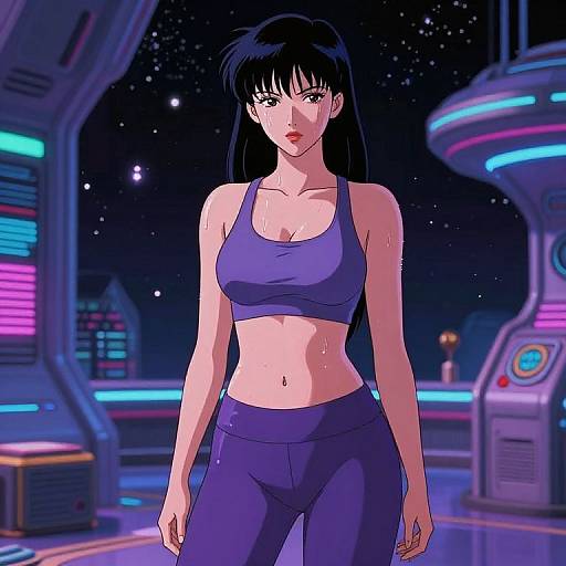 Anime-style digital drawing of a fit, fair-skinned woman with long black hair in a blue sports bra and matching leggings, standing in a futuristic,