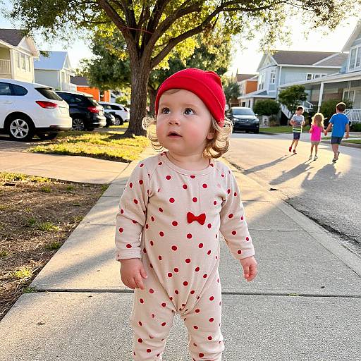 Photograph of a curious toddler with light brown hair, wearing a red hat and white onesie with red polka dots and a heart, standing on