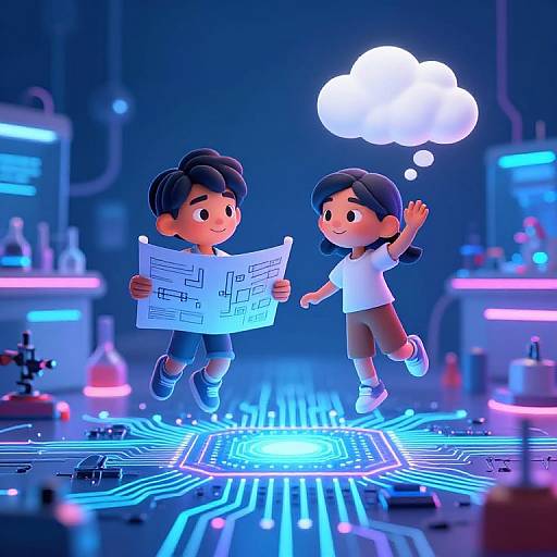 CGI illustration of two cartoon children with dark hair, one holding a maze print, the other jumping, above a glowing circuit board in a futuristic lab
