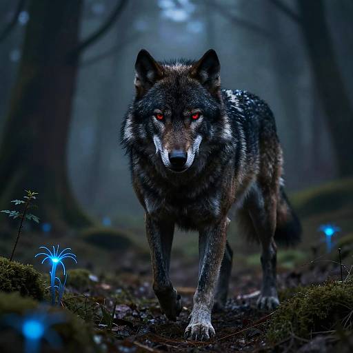 Angry Alpha Black Wolf in Foggy Forest