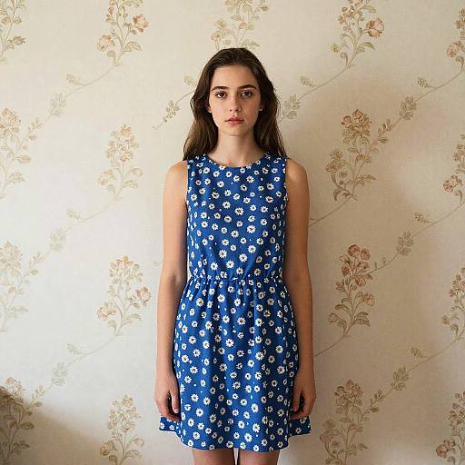Photograph of a young woman with long brown hair, wearing a blue sleeveless dress with white daisy patterns, standing against a floral-patterned wallpaper