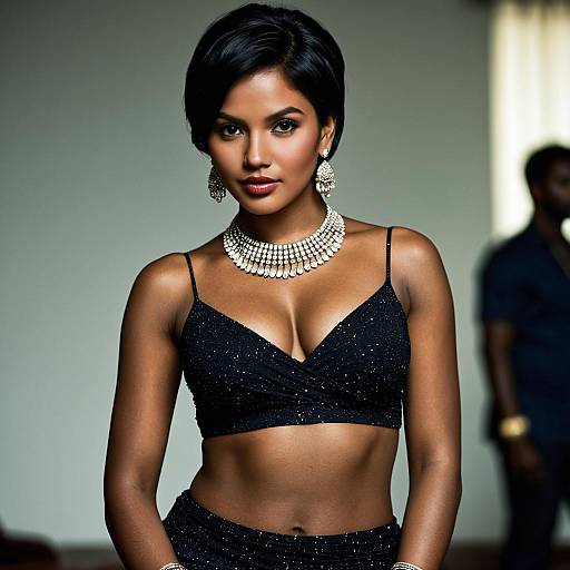 Elegant Dark-Skinned Woman in Lavani Dress with Jewelry