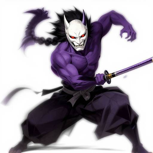 Digital art of a muscular, purple-skinned warrior with a white, demonic mask, holding a katana, in a dynamic fighting stance.