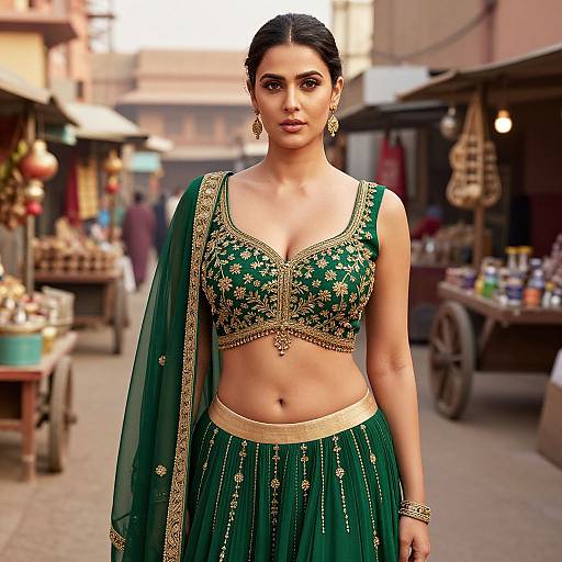 Photograph of a South Asian woman with dark hair in a green and gold traditional lehenga and choli, standing in a bustling market street.