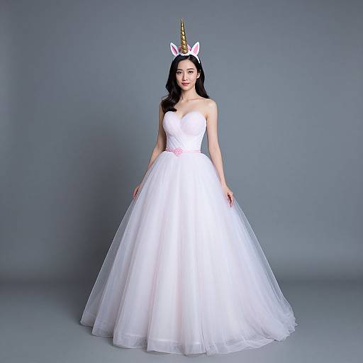 Photograph of a woman with long black hair in a white strapless, full-skirted ball gown, wearing a unicorn horn headband against a