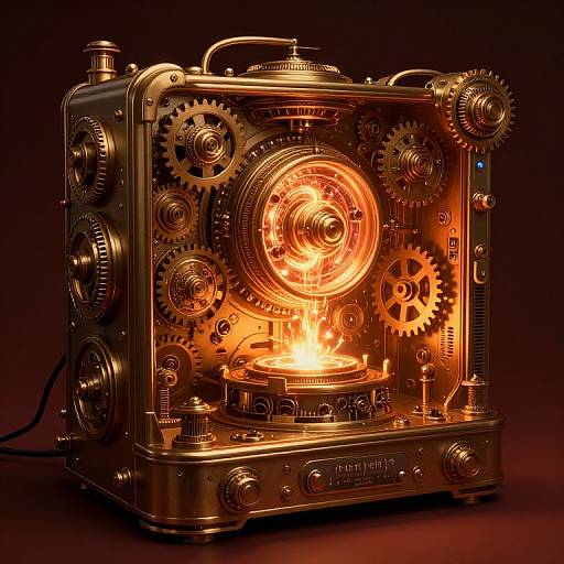 Photograph of a glowing, steampunk-style, brass contraption with intricate gears, a central circular light, and fiery core, against a dark