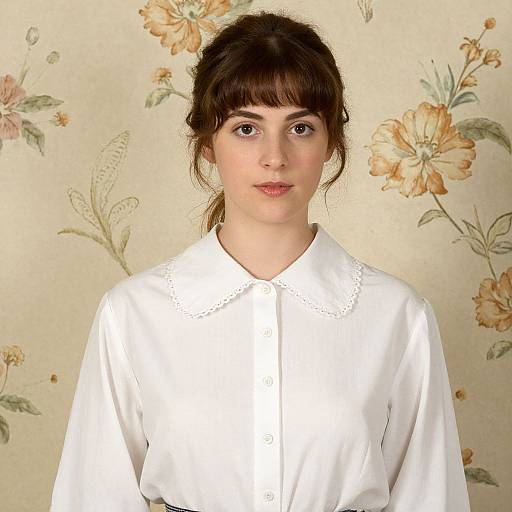 Photograph of a young woman with fair skin, brown hair in a bun, wearing a white button-up blouse, against a floral-patterned beige background