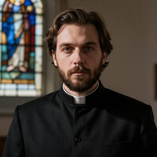 Intense Clergyman Portrait with Stained Glass
