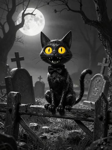 Digital illustration of a black cat with glowing yellow eyes, sitting on a wooden fence in a spooky graveyard at night, with a full moon and crosses in