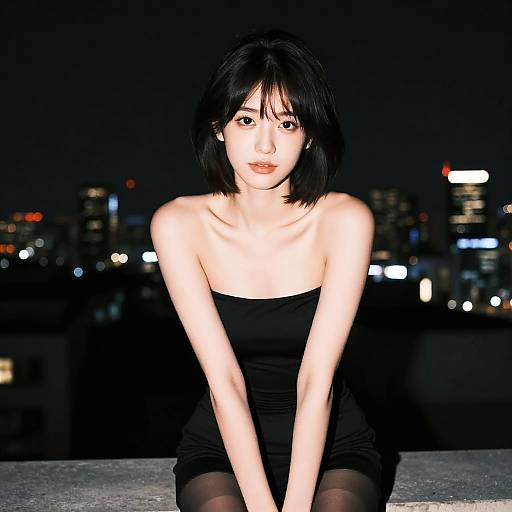 Digital art of an Asian woman with short black hair, wearing a strapless black dress, sitting on a ledge at night, city lights blurred in the
