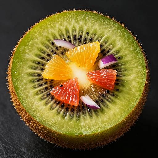 Close-up photograph of a kiwi slice, showcasing vibrant green flesh, black seeds, yellow-orange center, red and purple fruit pieces, and brown fuzzy