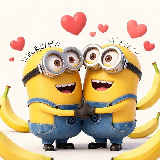 CGI image of two Minions with yellow skin, round glasses, blue overalls, and excited expressions, holding hands with red hearts above.