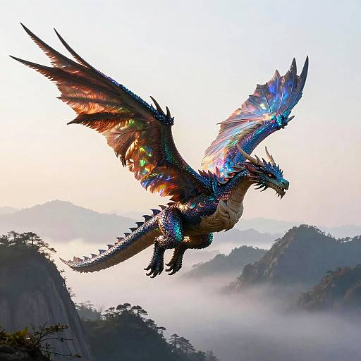 Digital artwork of a vibrant, iridescent dragon with glowing blue and rainbow feathers, soaring over misty mountainous landscape at sunrise.