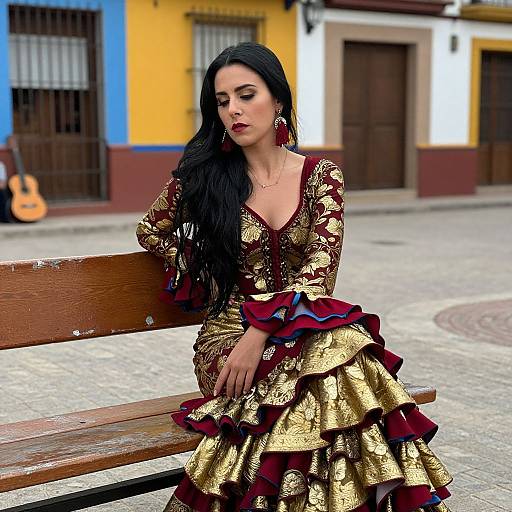 Photograph of a Latina woman with long black hair, wearing a gold and red ruffled dress, sitting on a wooden bench in a colorful, rustic