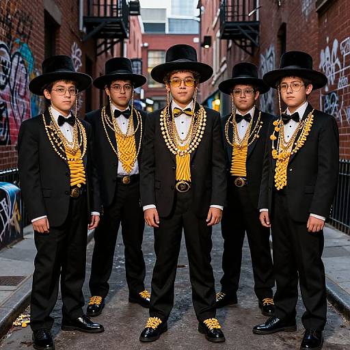 Photograph of five young boys in black tuxedos, gold striped vests, black top hats, and glasses, standing in a graffiti-covered alley