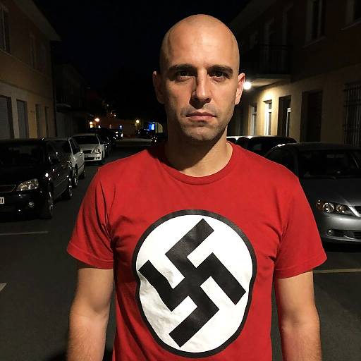 Serious Bald Man in Red T-Shirt