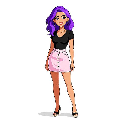 Digital illustration of a confident woman with vibrant purple hair, wearing a black top, white button-up skirt, and black heels.