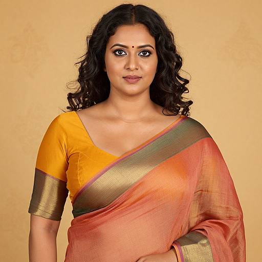 Photograph of a smiling Indian woman with dark curly hair, wearing a yellow and orange saree with gold trim, against a beige background.