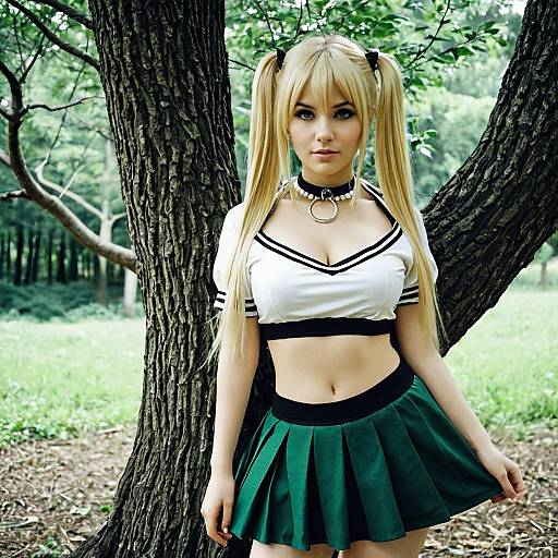 Blonde Cosplay Girl in Green Skirt Outdoors