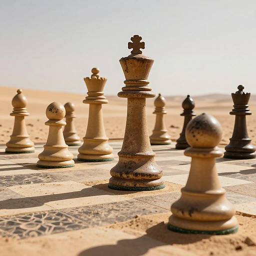Photograph of a sunlit chess set in a sandy desert, with large, weathered king and pawn pieces in focus.