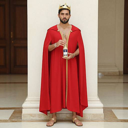 Photograph of a bearded man in a red king's robe, gold crown, holding a can, standing in front of a white column in a