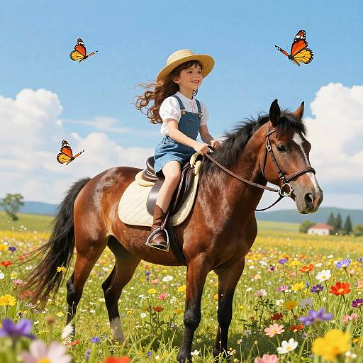 Joyful Girl Riding Horse in Meadow