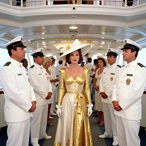 Photograph of a woman in a gold gown and wide-brimmed hat, surrounded by four navy officers in white uniforms, on a luxurious ship.