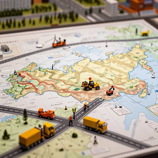 Photograph of a colorful, detailed miniature map featuring tiny toy trucks, construction equipment, and figurines, illustrating a road construction scene.