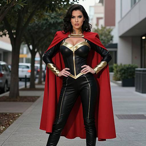Photograph of a confident woman with long black hair, wearing a black and gold bodysuit with red cape, standing on a city street. Urban