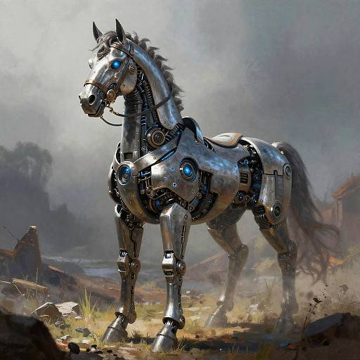 Digital painting of a silver, robotic horse with glowing blue eyes and joints, standing in a misty, post-apocalyptic landscape.
