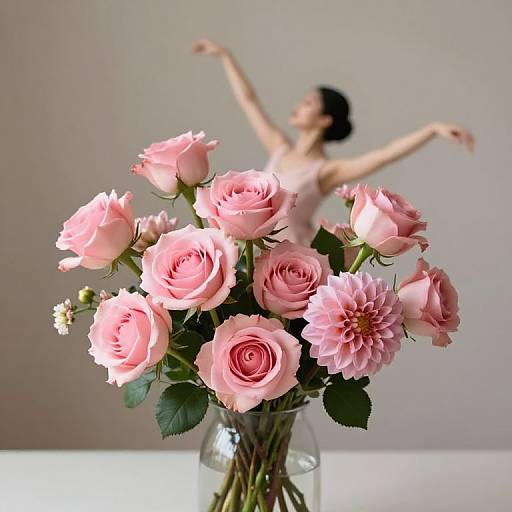 Photograph of a glass vase with pink roses, featuring a blurred, graceful ballerina in a pink dress with arms raised.