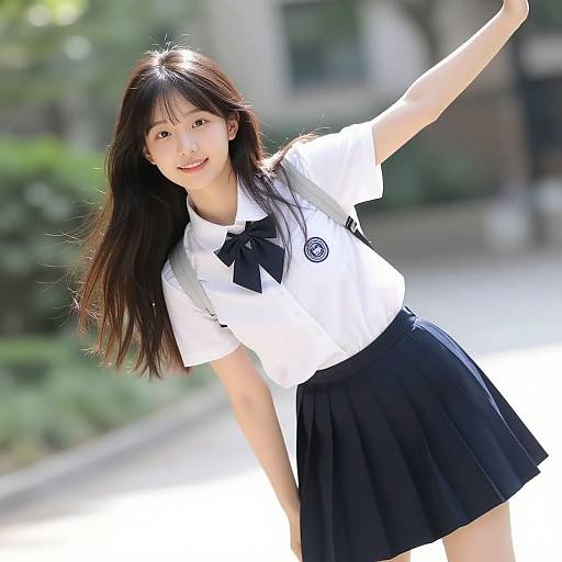 Photograph of a smiling Asian teenage girl in a white shirt with black bow, black pleated skirt, posing outdoors with blurred greenery background.