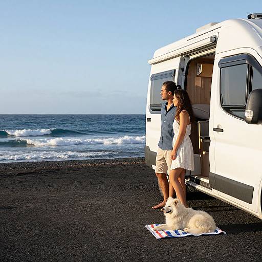 Photograph of a couple standing beside a white camper van on a black volcanic beach, with a white dog lying on a towel in front of them,
