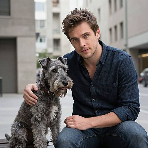 Photograph of a handsome, fair-skinned man with short brown hair, wearing a navy blue button-up shirt and jeans, sitting with a gray,