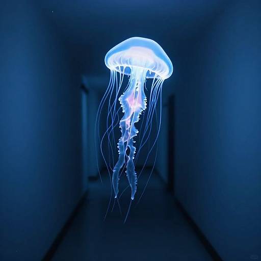 Photograph of a glowing blue jellyfish with translucent bell and long, wavy tentacles, illuminated in a dark, narrow hallway.