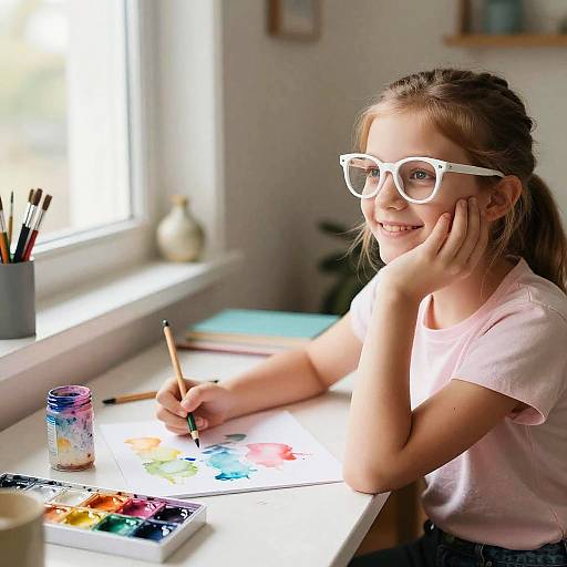 Photograph of a smiling young girl with white glasses, pink shirt, and brown hair in pigtails, painting at a sunlit window.