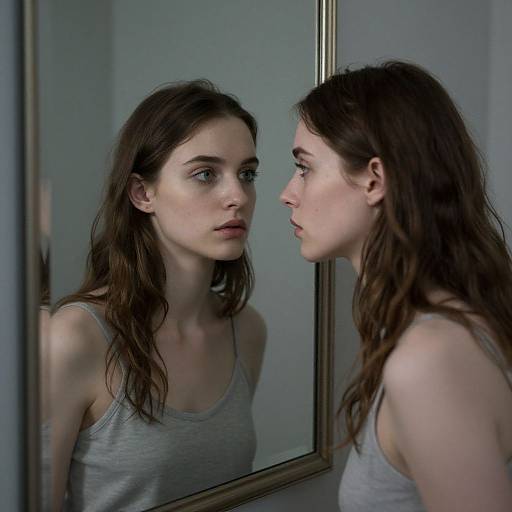 Photograph of a young woman with long brown hair, wearing a gray tank top, deeply focused, staring into a mirror, reflecting her contemplative expression