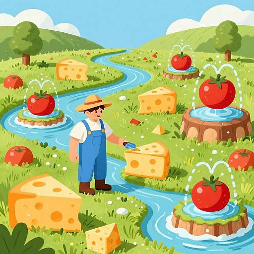 Cartoon farm scene: male farmer in blue overalls, straw hat, white shirt, standing by cheese-laden, water-streamed meadow with