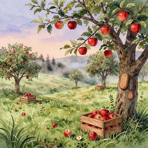 Watercolor Twilight Meadow with Apples