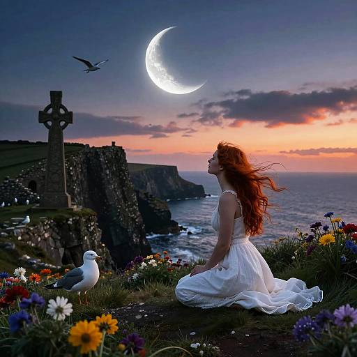 Redhead Kneeling on Windswept Irish Cliff