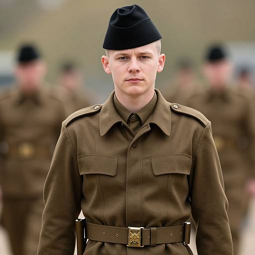 Photograph of a young, pale-skinned male soldier with a black beret, brown uniform, and belt, standing in front of blurred, similarly