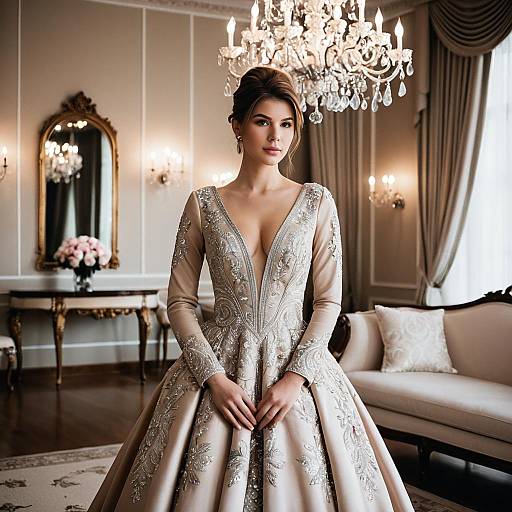 Elegant Woman in Embroidered Ball Gown