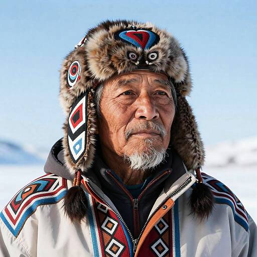 Photograph of an elderly Indigenous man with a fur hat, patterned parka, and white beard, standing against a bright blue sky.