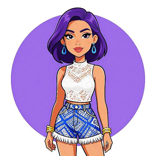 Digital illustration of a stylish woman with purple hair, wearing a white lace top and blue patterned shorts, against a purple circle. She has blue earrings
