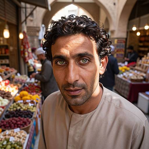 Photograph of a Middle Eastern man with curly black hair, green eyes, and light brown skin, standing in a vibrant market stall with colorful fruits and