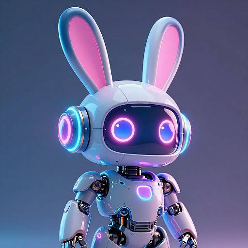 Digital CGI of a glowing, white, robotic bunny with pink ears, blue and pink neon eyes, and futuristic, metallic joints against a dark blue gradient