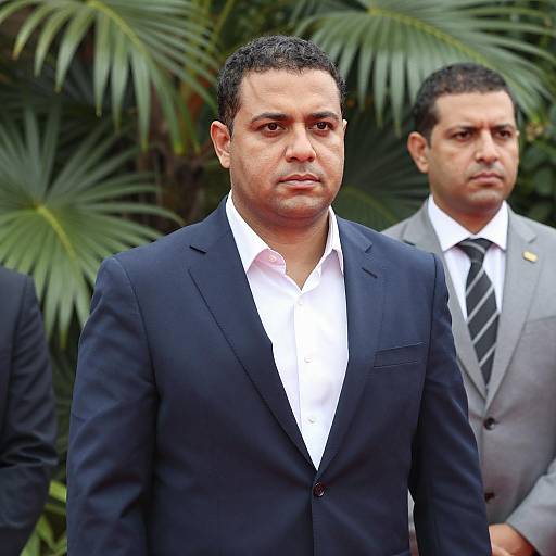 Man in dark blue suit with tropical background