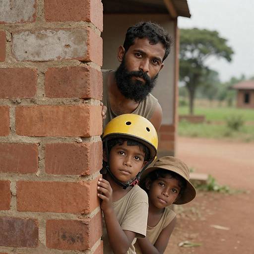 Family Moment Behind a Rustic Wall